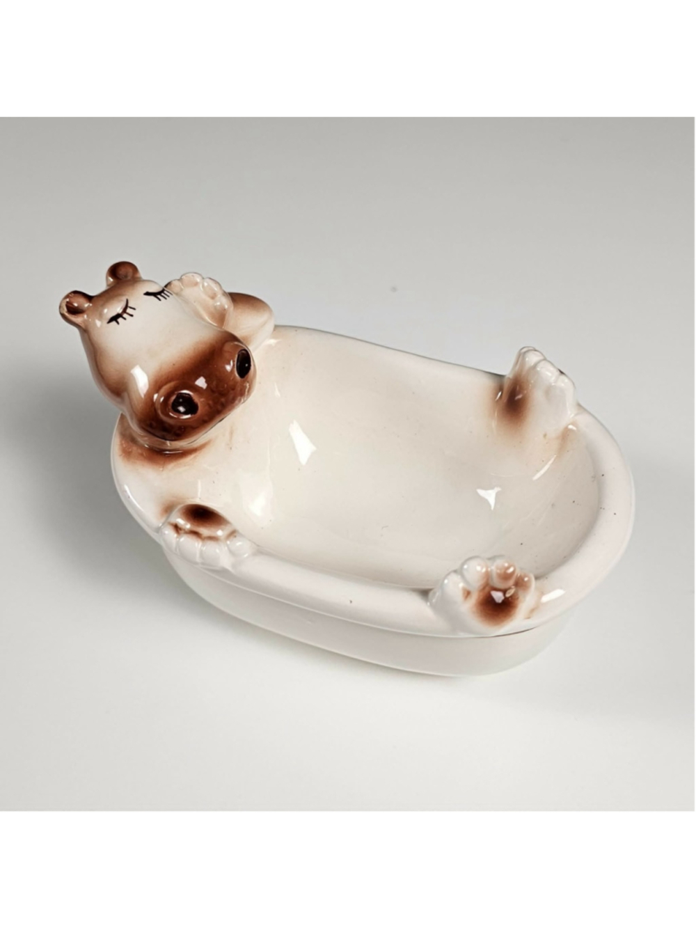 Vintage 1976 Seymour Mann Ceramic Hippo in Bathtub Soap Dish Sponge Holder